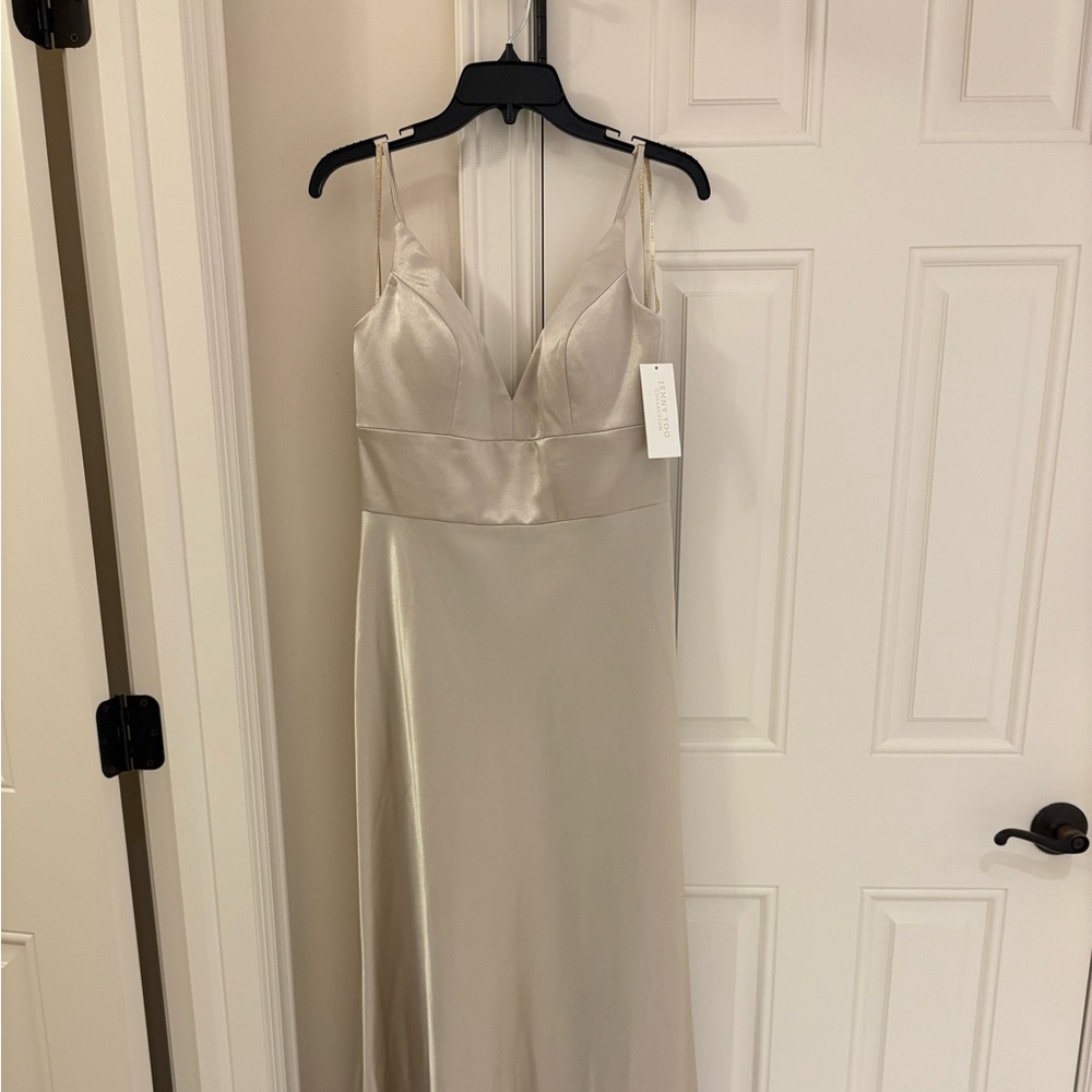 Jenny Yoo “Brenna” Satin Back Crepe Gown in Latte – Size 10 NWT